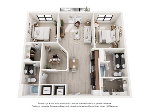 Floor plan for 2 beds, 2 baths, 1122 sqft